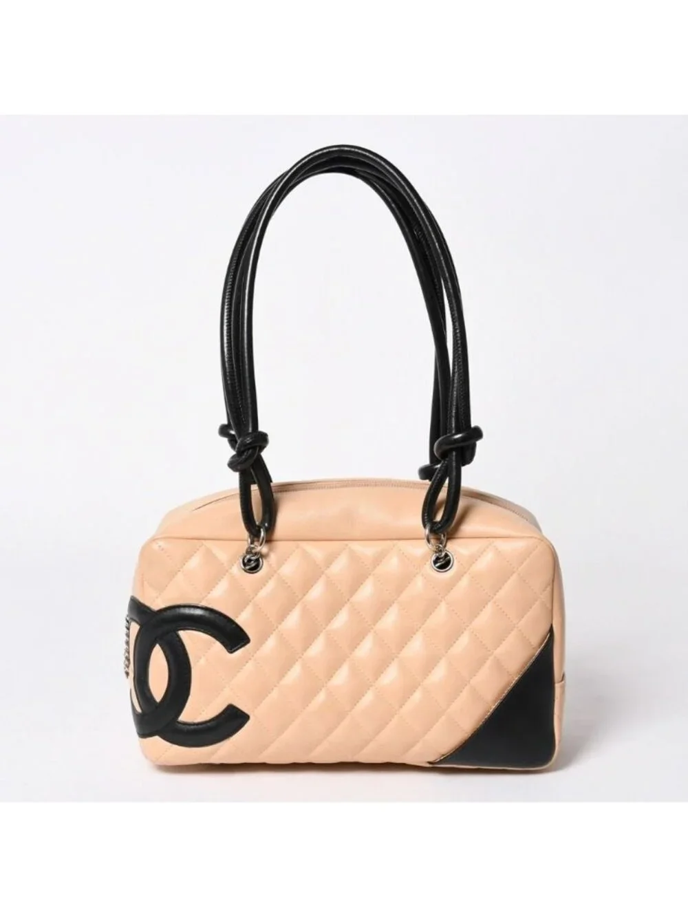 Chanel Cambon Line Bowling Bag Lambskin Beige Black CC Logo Silver